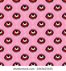 Pink Halloween seamless pattern with magical red eyes