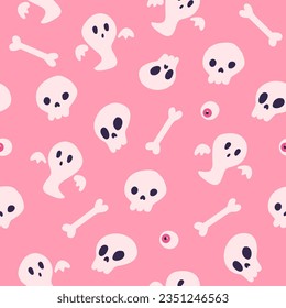 Pink halloween seamless pattern with skull, bones and ghost. Barbiecore style vector illustration