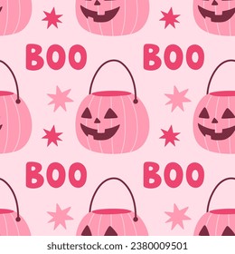 Ilustración vectorial sin fisuras del patrón rosa de Halloween. Impresión rosa de estilo plano. Cita de letras de Halloween