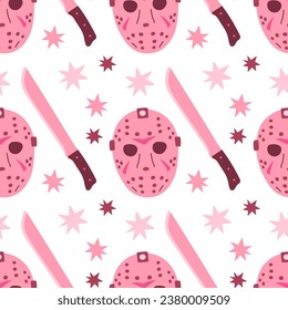 Pink Halloween seamless pattern vector illustration. Pink print in flat style. Halloween lettering quote