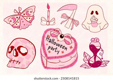 pink Halloween set, cute Halloween spooky, spooky, Skull Silhouette Vector Files, coquette Halloween, Halloween clipart, skeleton, shirt, creepy ghost, boo, crossbones vector pirate, gothic magic