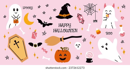 Pink Halloween. Set isolated cute hand drawn cartoon elements in retro colors ghosts, hat, coffin, bat, pumpkin for kids. Useful for scrapbooking, stickers, greeting card, party invitation, and poster