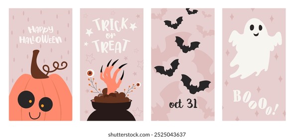 Pink Halloween social media template poster for stories, vertical banner. Cute characters. Flat style illustration with cute characters. Vector design for autumn festivities