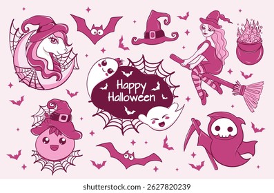 Pink Halloween spooky set of cute creepy characters. Magic Unicorn,  Ghost, Funny Pumpkin Cute Death and Witch.