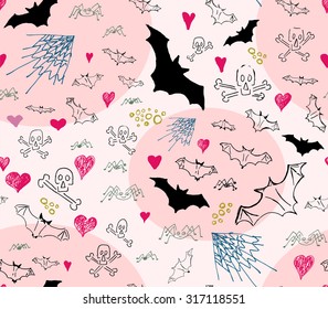 Pink Halloween vector seamless pattern with stylized silhouettes of bats, skulls, red hearts, spiders and web, freehand drawing, sketch