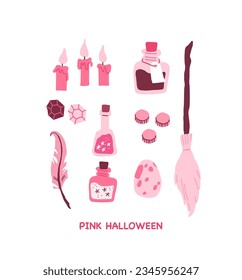 Pink Halloween vector set with candles, magic potion, broom, coins, dragon egg, feather, diamonds. Pink print in flat style. Halloween party symbols