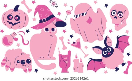 Vector rosa de Halloween con gato, fantasma, cráneo, araña, murciélago, calabaza, estrellas, huesos. Estampado rosa en estilo plano.