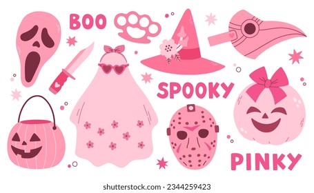 Pink Halloween vector set with ghost, skull, masks, pumpkin, stars. Pink print in flat style. Halloween lettering quote