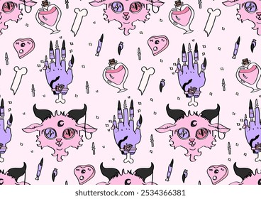 Pink halloween witchy seamless pattern with goat head, potion bottle and witches hand.