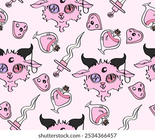 Pink halloween witchy seamless pattern with goat head, potion bottle and dagger.