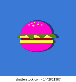 Pink hamburger with shadow on the blue background. Vector illustration