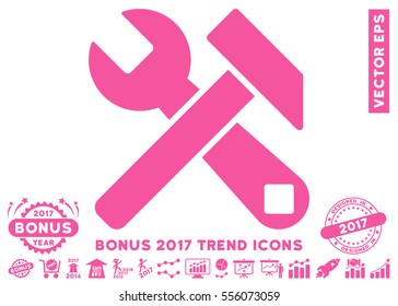 Pink Hammer And Wrench icon with bonus 2017 year trend symbols. Vector illustration style is flat iconic symbols, white background.