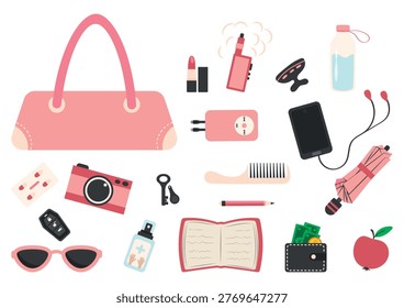 Pink hand bag with everyday essentials flat lay illustration. Flat vector illustration of a pink tote bag surrounded by everyday items: smartphone, camera, sunglasses, notebook, wallet, umbrella, and personal care products. Modern lifestyle concept of feminine essentials on white background.