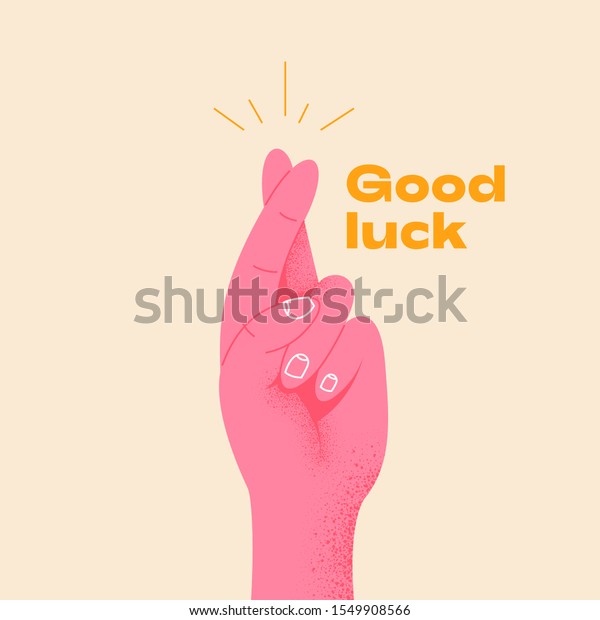 Pink hand crossing fingers and wishing for\
good luck. Fingers crossed, hand gesture. Lucky sign. Promise\
signal with two fingers. Flat design style. Vector illustration\
hand wishing something.