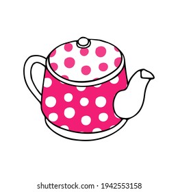 A Pink hand drawing illustration of a metal or clay tea kettle with polka dot pattern for hot water isolated on a white background