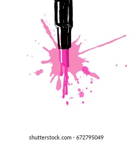 Pink hand drawing lipstick, splashes, dripping drops on white background. Logo template for fashion, makeup artist, beauty salon. Fashion illustration