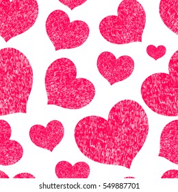 Pink hand drawing red pencil on valentines day grunge hearts seamless celebration background.