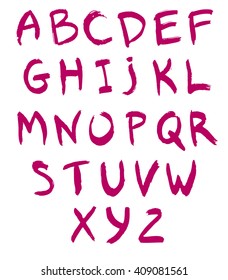 pink hand drawn alphabet isolated abc letters on white lipstick calligraphy