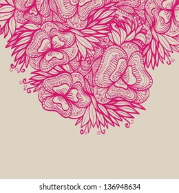Pink hand drawn background with flowers and leaves. Eps10