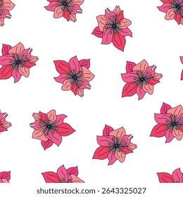 cor-de-rosa mão desenhada preto linha arte flores no fundo branco sem emenda padrão. Flores coloridas rosadas em fundo branco padrão sem costura. É bom para azulejos, embalagens, tecidos, têxteis e muito mais.