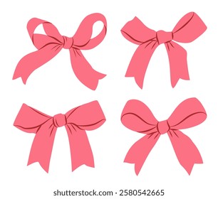 Pink Hand Drawn Bow Vector Set Isolated on White Background