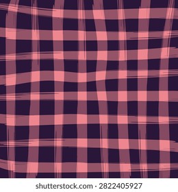 Pink hand drawn brush stroke checkered seamless pattern on dark purple background. Abstract grunge tartan grid vector illustration. Artistic backdrop for fashion textile print and wallpaper.
