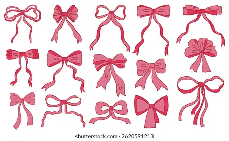 Pink hand drawn coquette ribbon bows set. Retro cartoon festive girlish bows collection. Design elements.