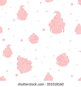 Pink hand drawn cupcake vector seamless pattern, white background