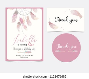 Pink hand drawn cute card with feather.Thank you
