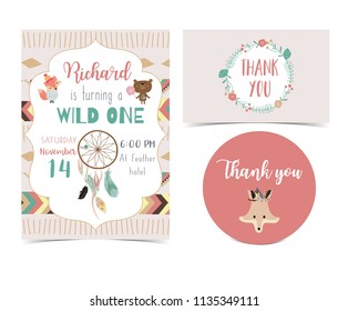 pink hand drawn cute card with feather,wreath,fox and wild.Thank you