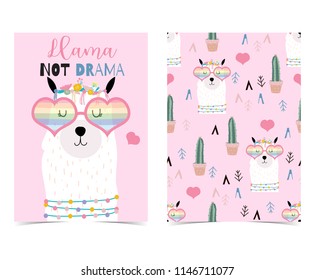 Pink hand drawn cute card with llama,heart glasses and cactus.Llama not drama