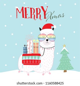 Pink hand drawn cute card with llama,heart glasses,snow,gift and christmas tree in merry christmas