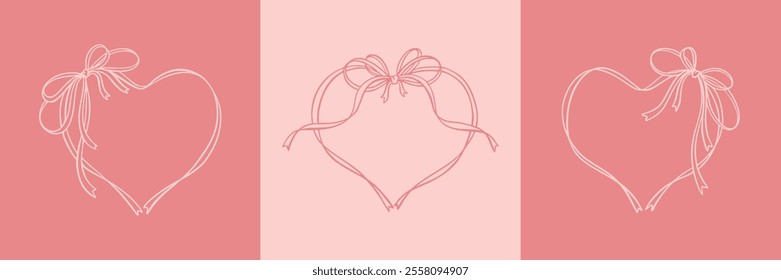 Pink hand drawn cute line doodle heart ribbon frames with tied bow. Save the date concept. Valentines Day greeting card design elements. Boho modern minimalist style. Pink wavy whimsical border