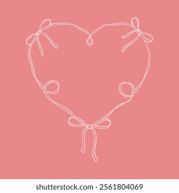 Pink hand drawn cute line doodle heart ribbon frame with tied bow. Save the date concept. Valentines Day greeting card design element. Boho modern minimalist style. Pink wavy whimsical border