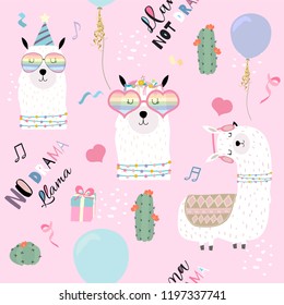 Pink hand drawn cute seamless pattern with llama, glasses,cactus,balloon and gift