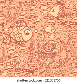 Pink hand drawn fishes. Wallpaper textile seamless fish pattern. 