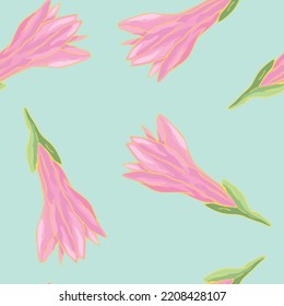 Pink hand drawn flowers on blue background seamless pattern