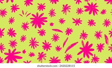 Pink hand drawn flowers seamless pattern. Chamomile or daisy colored silhouettes. Graphic brush drawn botanical pattern. Simple sketch flowers. Vector silhouettes of colorful spring chamomile.