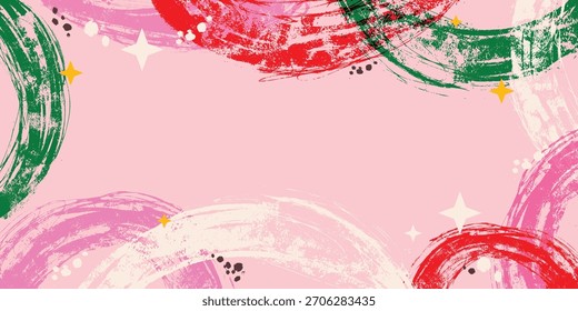 Pink Hand drawn Grunge Background with Bulky Multicolored Lines. Colorful brush strokes, abstract paint swirls and bright scribble curves with spark accents on pink backdrop. Perfect for media