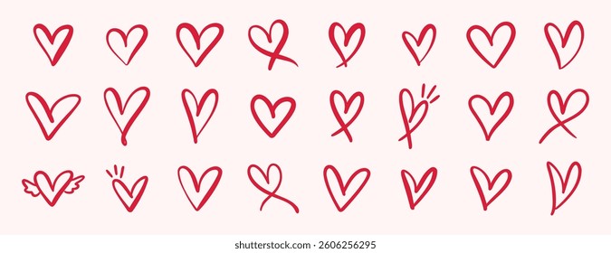 pink hand drawn hearts. unique heart various styles and shapes. Pink hearts doodle artistic set. Valentines hearts. Vector illustration