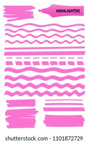 Pink hand drawn highlighter brush graphic set. Flat scribbled box with wavy lines, solid stripes and dotted strokes hand drawings with highlight permanent pen. Vector illustration for reminder note.