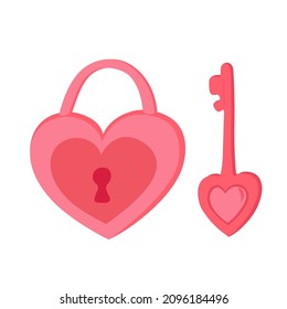Pink hand drawn lock and key of love in the shape of heart isolated on white background. Vector illustration.