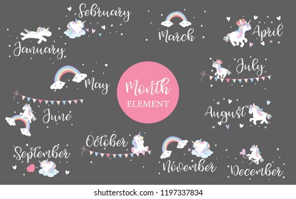 Pink hand drawn month element with rainbow,flag,unicorn,star and heart