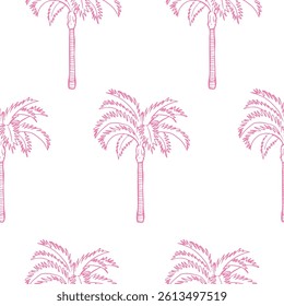 Pink Hand Drawn Palm Trees Pattern, White Background, Tropical Design
