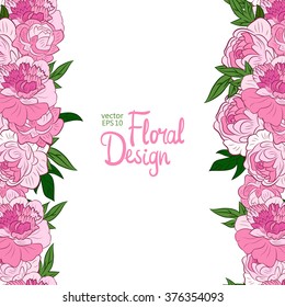  Pink Hand Drawn Peonies Border On White Background With Place For text. Good For Web, Invitations, Greeting and Save The Date Cards.