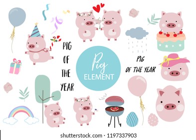 Pink hand drawn pig element with cake,barbecue,balloon,hat,cake,flower and rainbow.Pig of the year