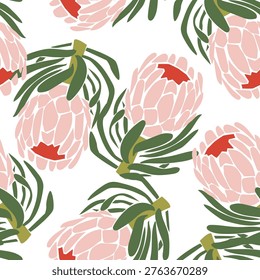 Pink Hand drawn Protea Flower Seamless Pattern on white background