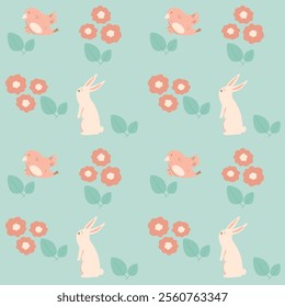 Pink hand drawn rabbit animals and floral and leaf seamless pattern vector