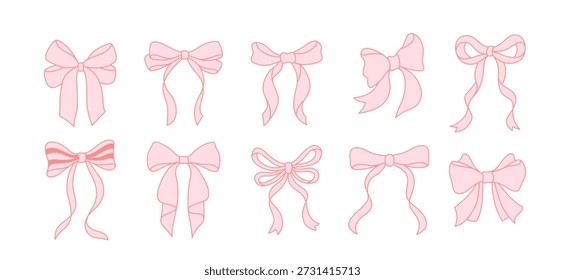 Розовый ручной рисунок ленты лук коллекция, милый классический стиль кокета лук набор иллюстраций