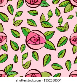 Pink hand drawn roses pattern. Roses seamless vector pattern.